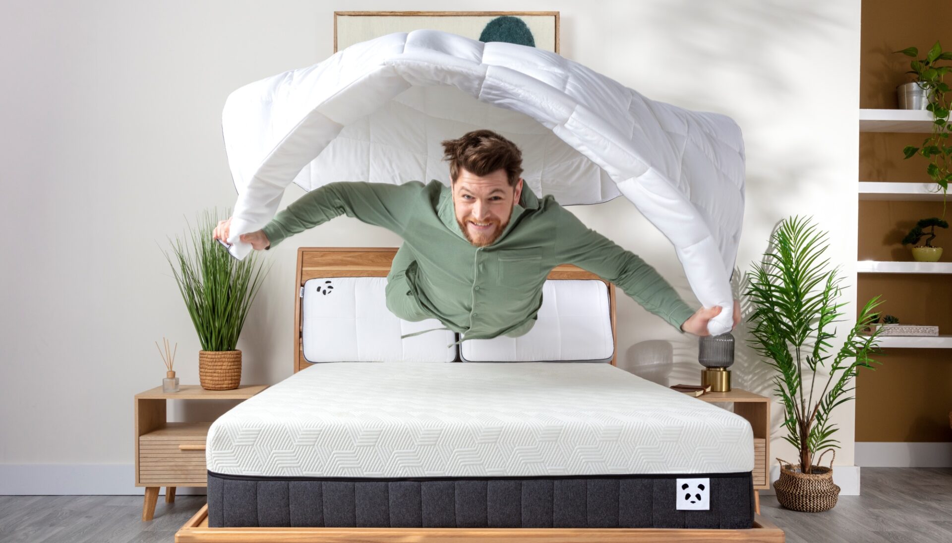 Hybrid Bamboo Mattress Lifestyle Man and duvet
