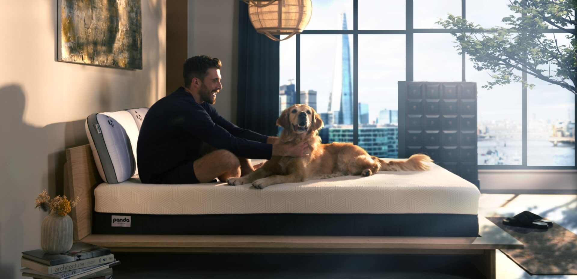 Hybrid Bamboo Mattress Lifestyle Guy and a dog