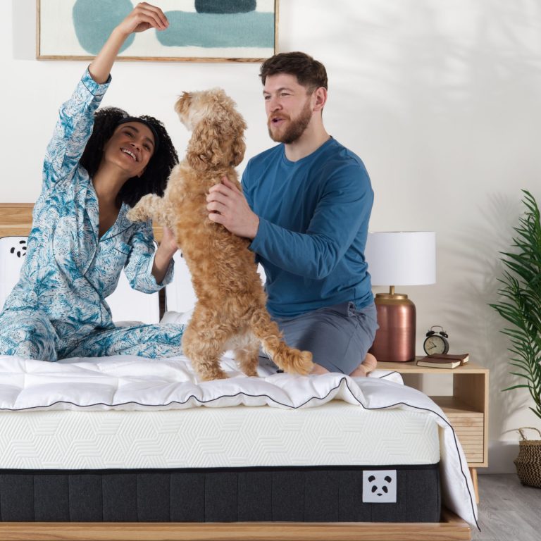 happy couple on a bamboo hybrid mattress