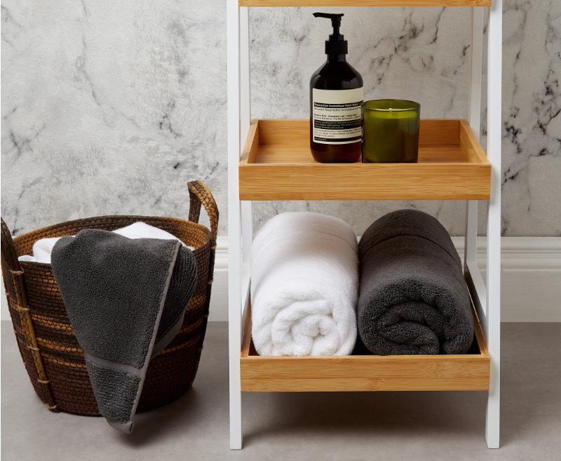 Panda London Bamboo Bath Towels Rolled Up On Shelves